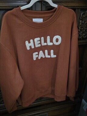 Hello Fall Burnt Orange/Brown Sweatshirt, Cream Embroidery Soft Raised Lettering